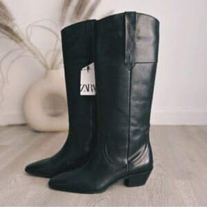 ZARA LEATHER COWBOY BOOTS NEW